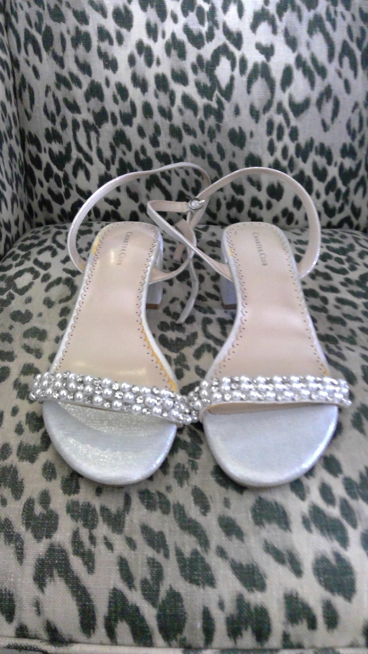 Charter Club Satin Embellished Heels – Pearl & Rhinestone Low Block Heel