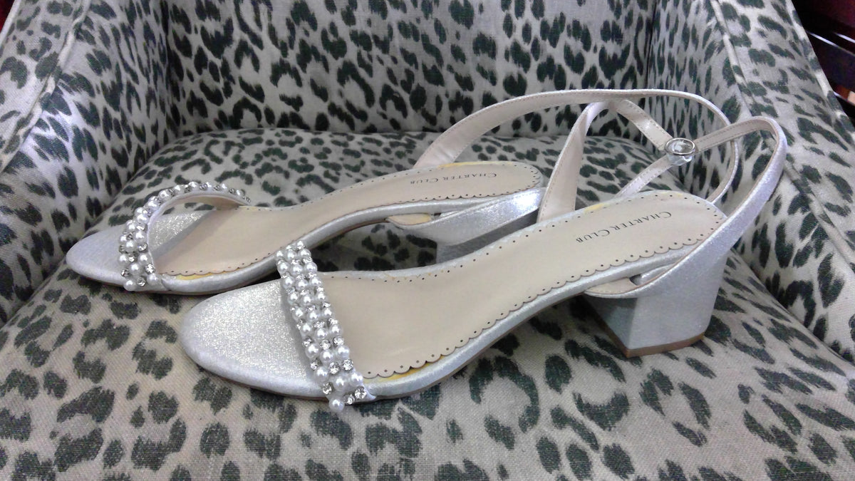 Charter Club Satin Embellished Heels – Pearl & Rhinestone Low Block Heel