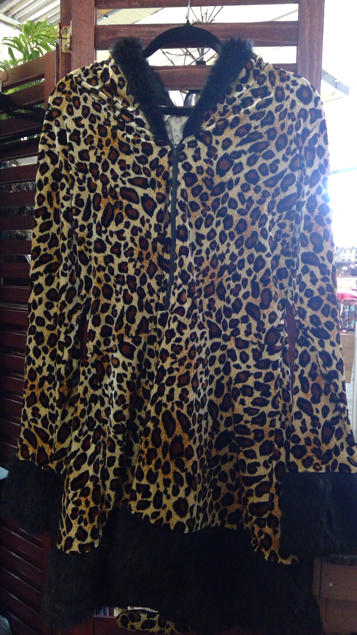 Leopard Halloween Costume Dress – Hood with Ears, Faux Fur Trim & Tail, Size XL