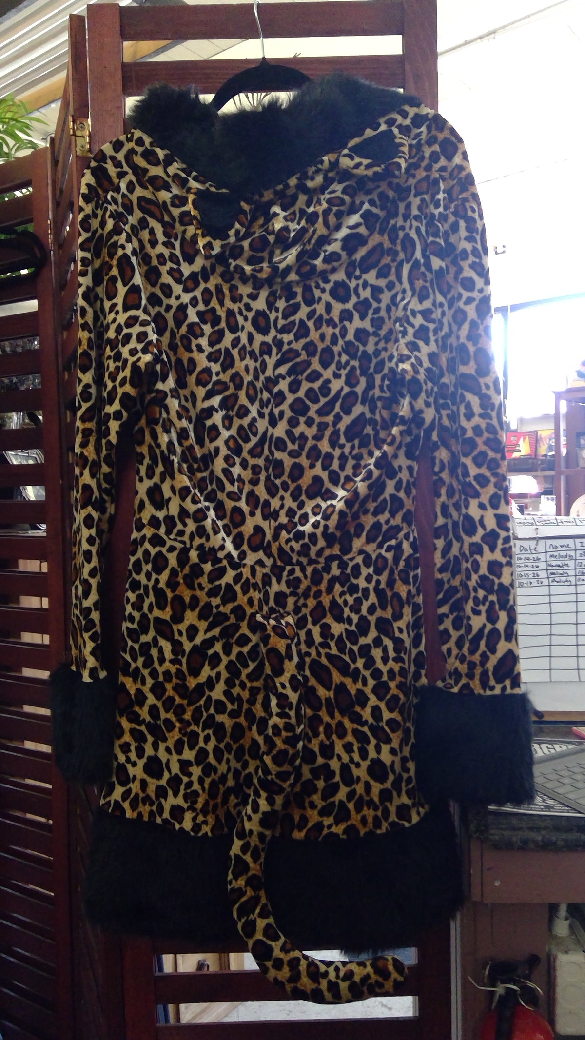 Leopard Halloween Costume Dress – Hood with Ears, Faux Fur Trim & Tail, Size XL
