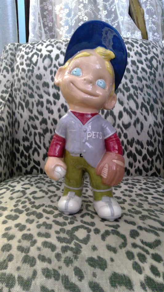 Vintage 1970s Atlantic Mold “Smiley” Boy Baseball Player Ceramic Figurine – 12"
