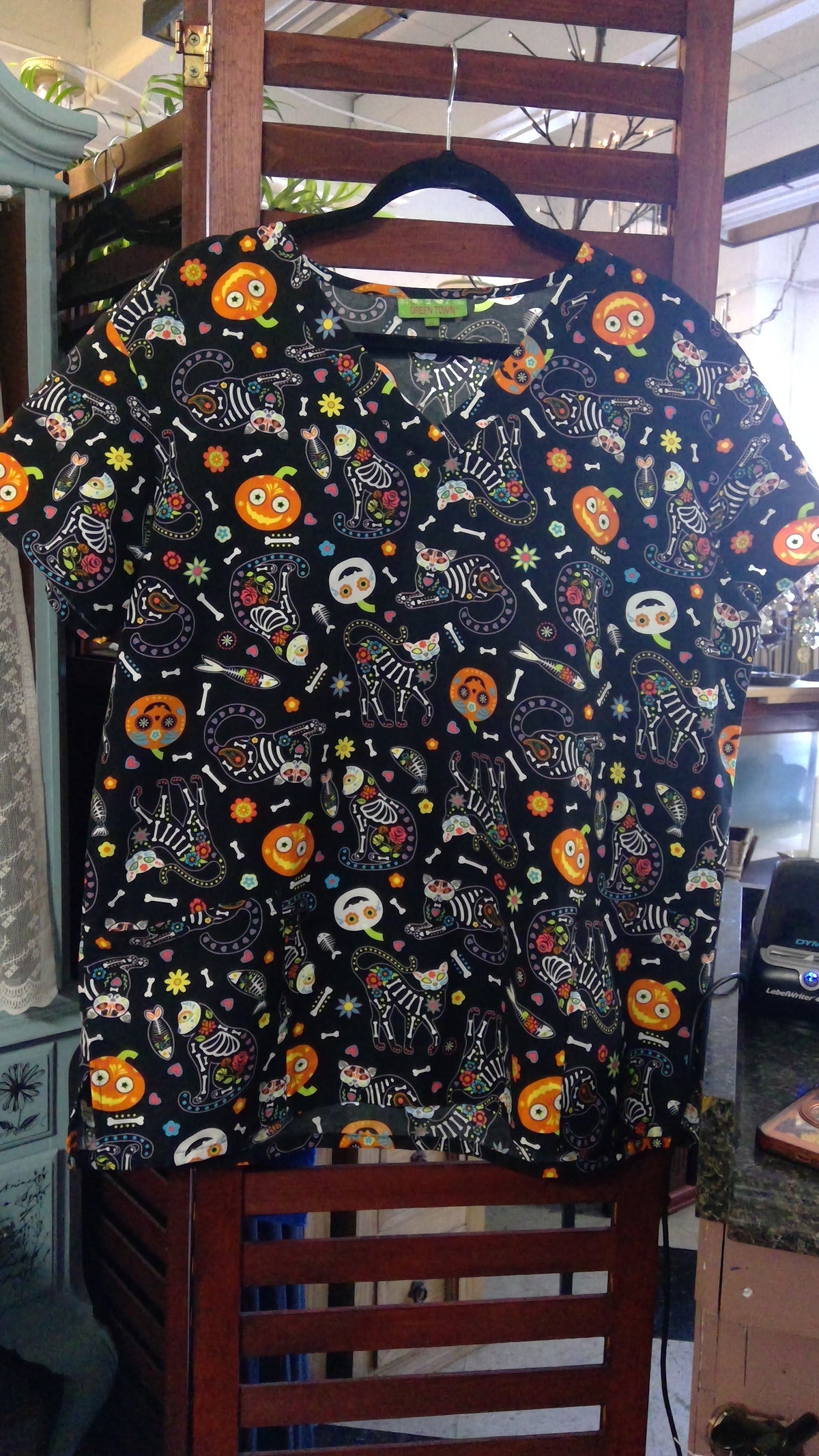 Green Town Halloween V-Neck Scrub Top