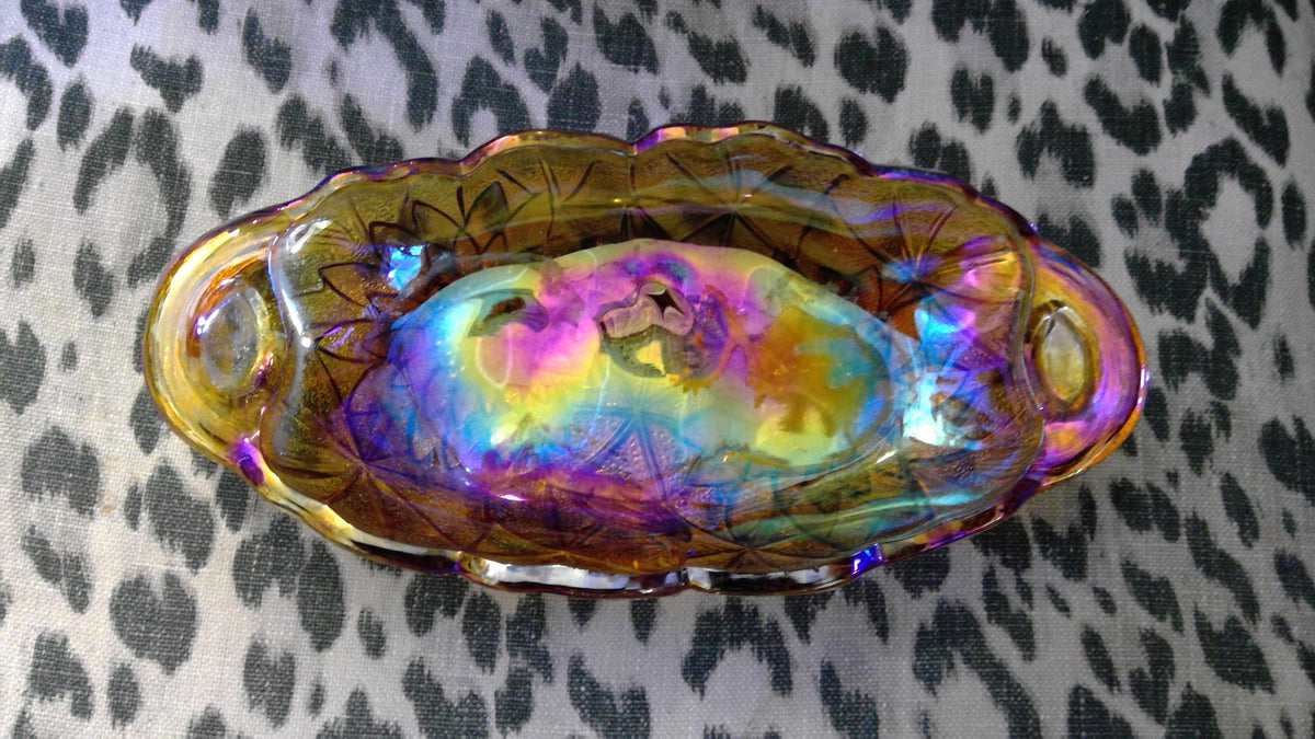 Vintage 1970s Indiana Glass Marigold Carnival Glass Oval Dish – Daisy/Sunflower Pattern