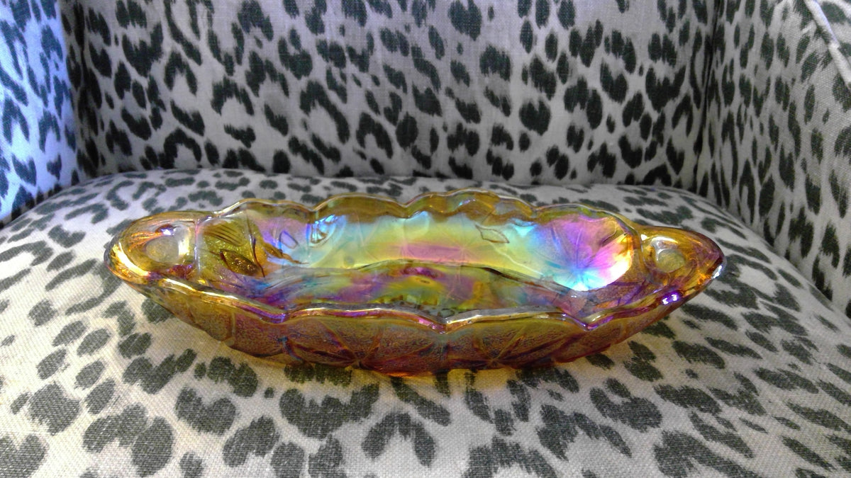 Vintage 1970s Indiana Glass Marigold Carnival Glass Oval Dish – Daisy/Sunflower Pattern