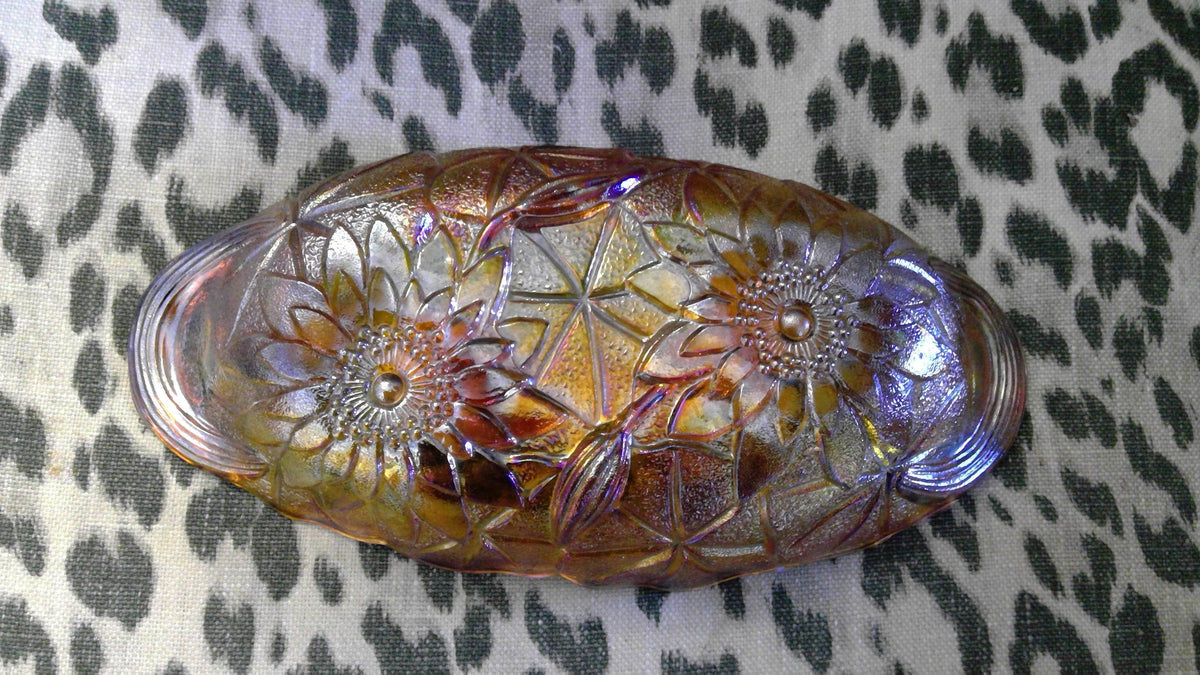 Vintage 1970s Indiana Glass Marigold Carnival Glass Oval Dish – Daisy/Sunflower Pattern