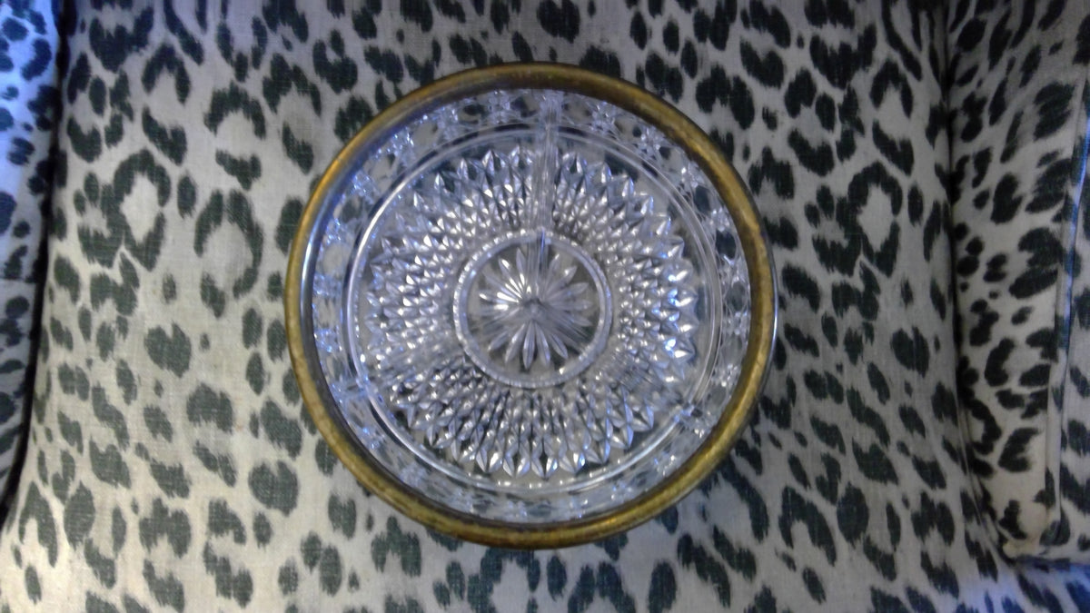 Vintage Royal Glass 3-Section Cut Crystal Serving Dish – Starburst & Diamond Pattern with Brass Rim