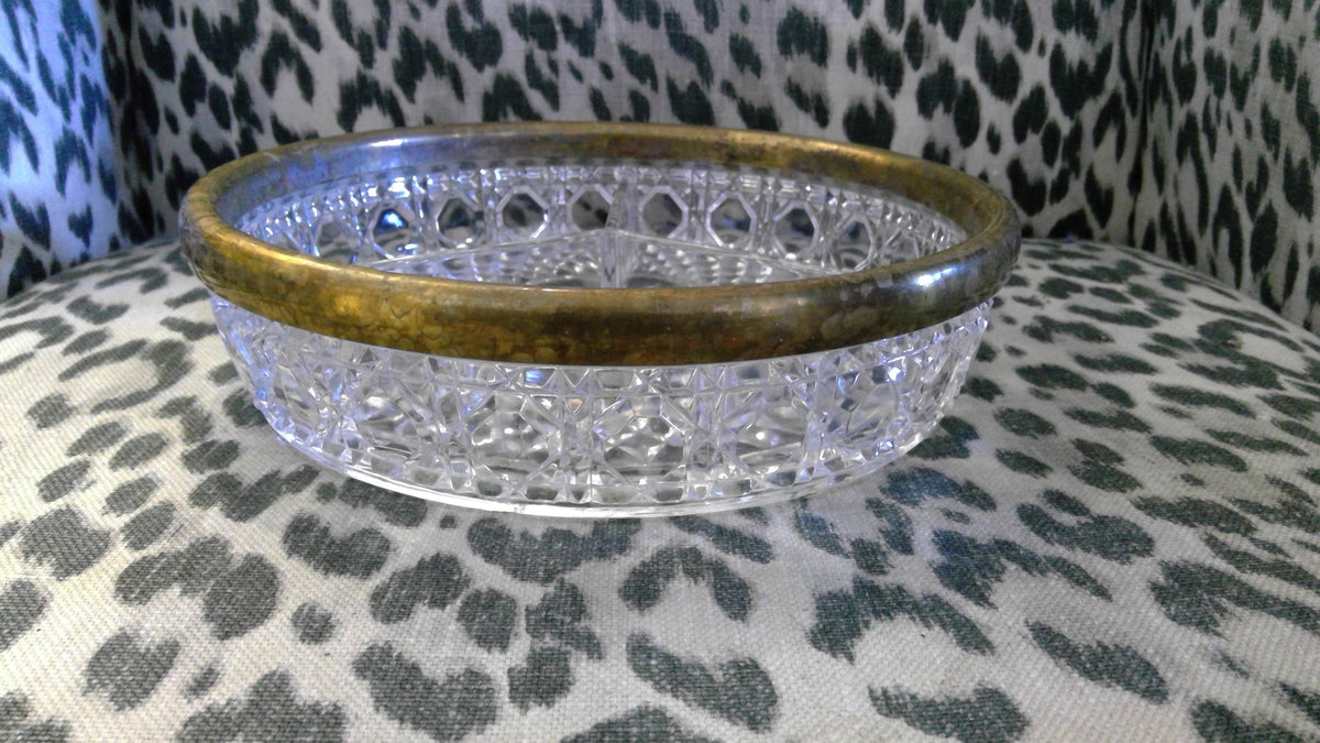 Vintage Royal Glass 3-Section Cut Crystal Serving Dish – Starburst & Diamond Pattern with Brass Rim
