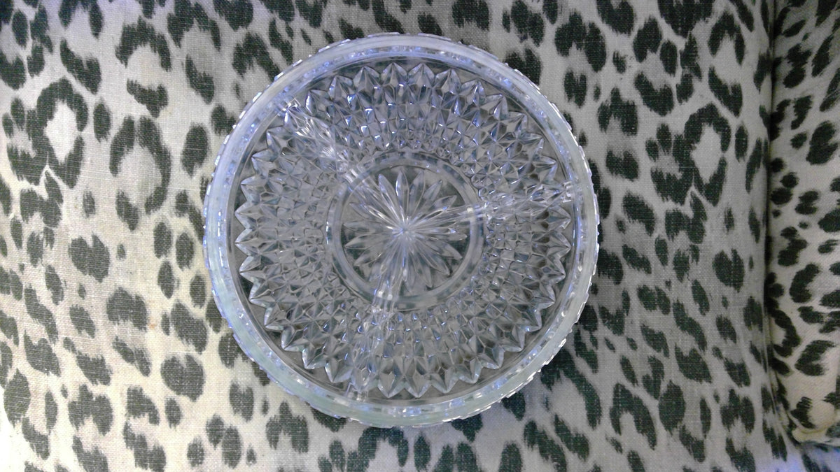 Vintage Royal Glass 3-Section Cut Crystal Serving Dish – Starburst & Diamond Pattern with Brass Rim