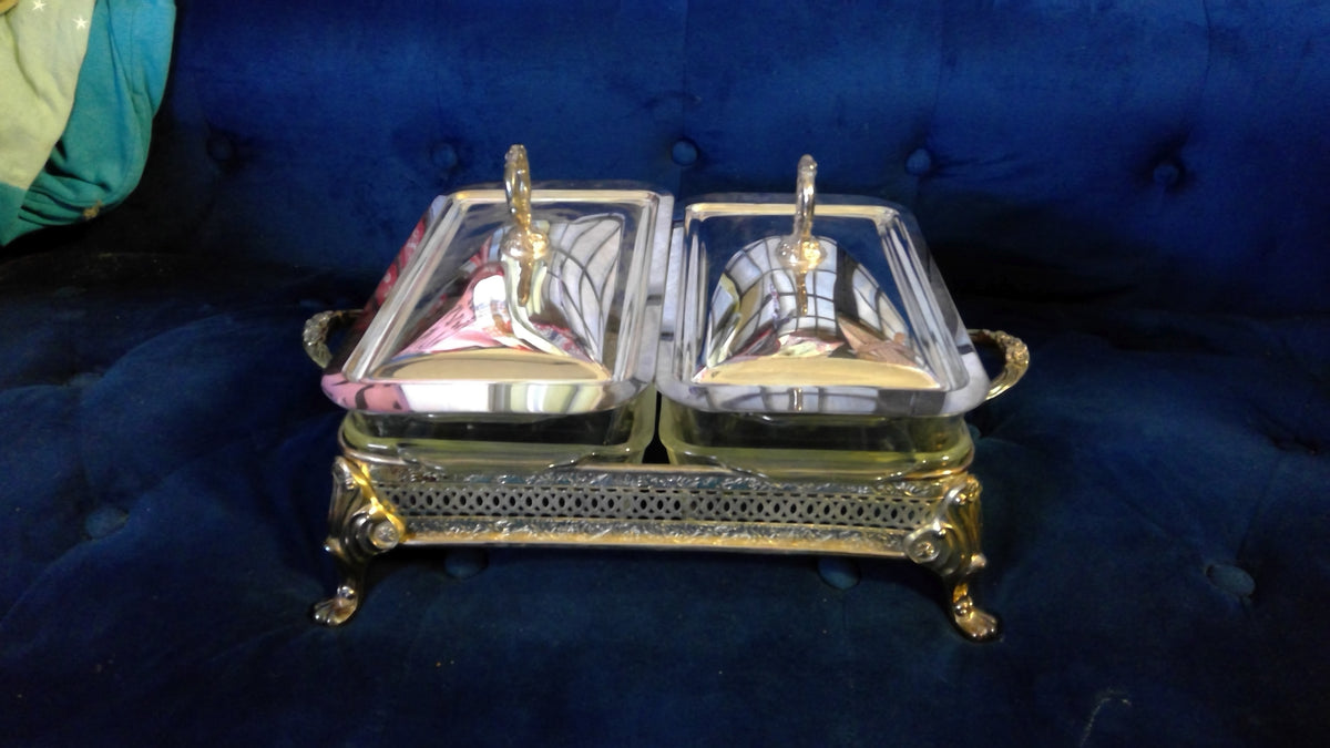 Vintage 1980s Anchor Hocking 7-Piece Casserole Set with Silver-Plated Serving Tray