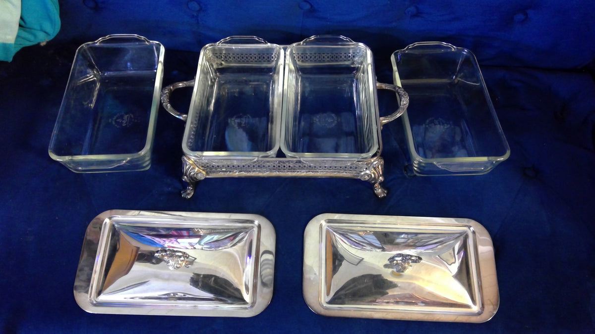 Vintage 1980s Anchor Hocking 7-Piece Casserole Set with Silver-Plated Serving Tray
