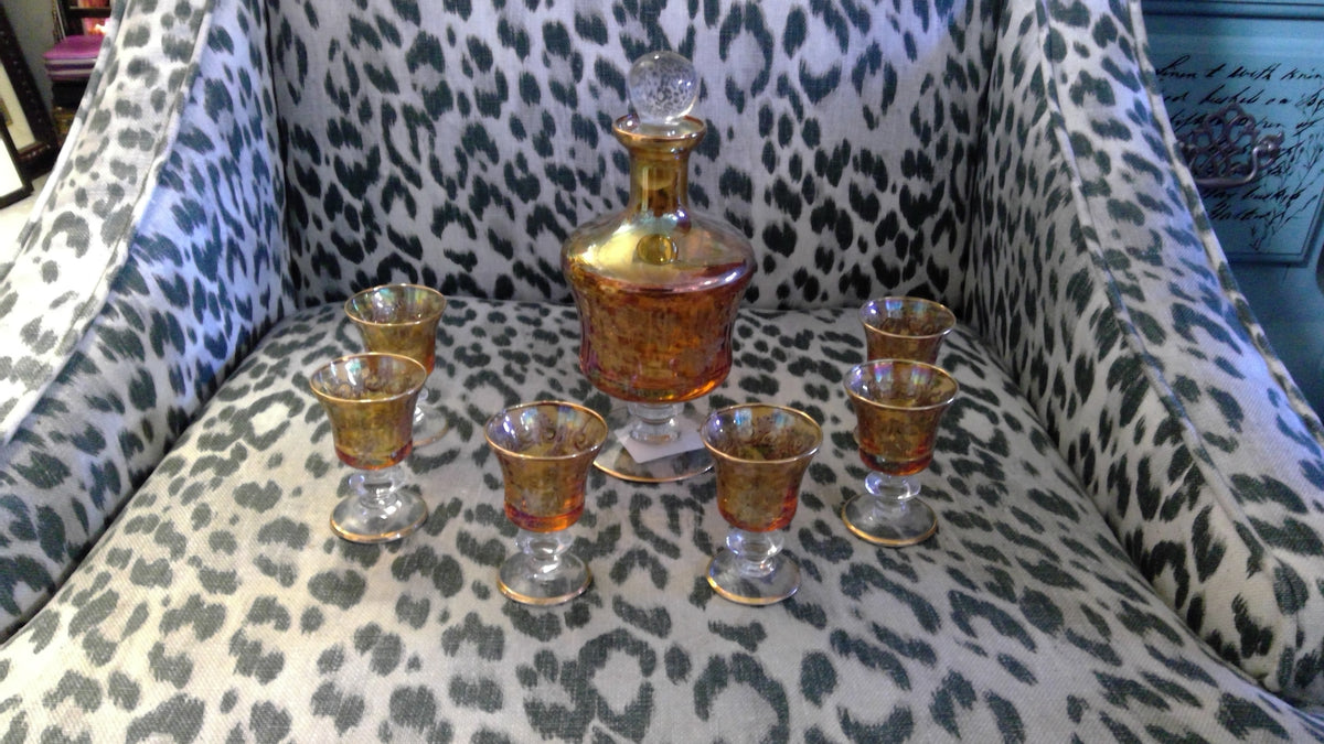 Vintage 1970s Amber Glass Liqueur Set – Decanter & 6 Etched Stemmed Glasses with Gold Trim