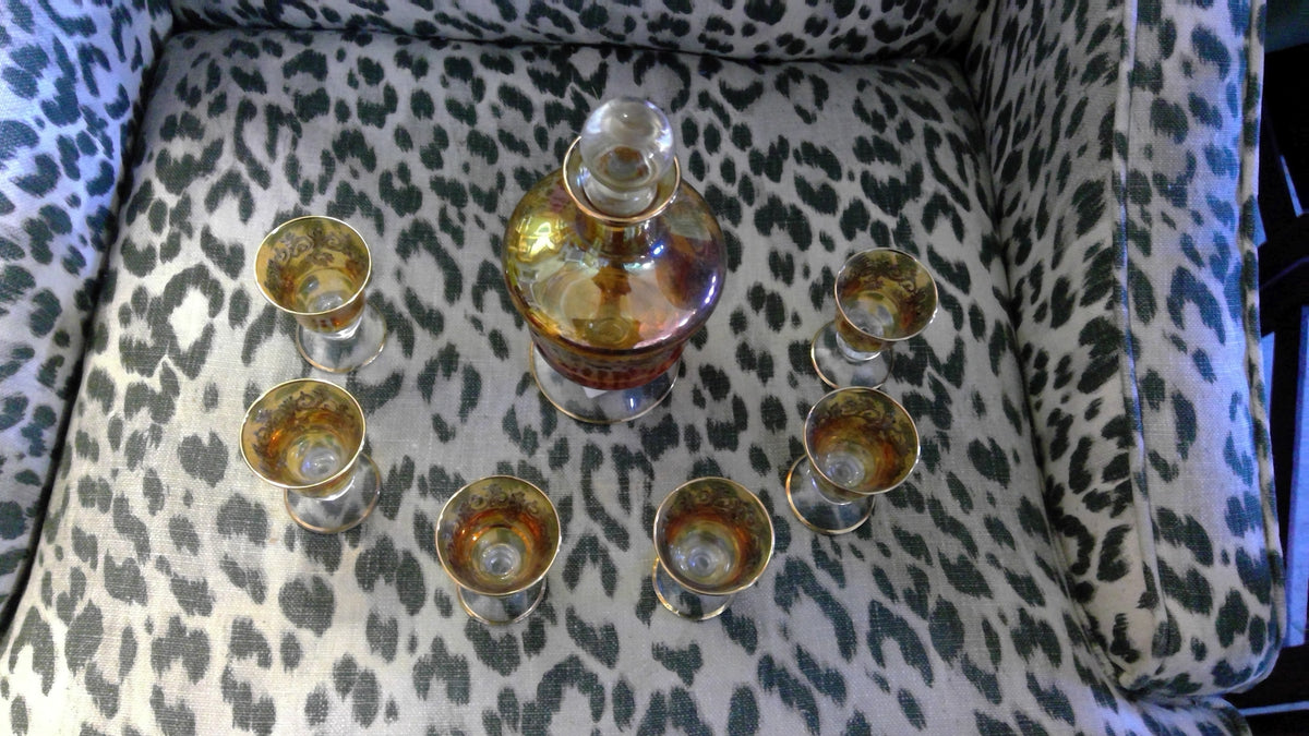 Vintage 1970s Amber Glass Liqueur Set – Decanter & 6 Etched Stemmed Glasses with Gold Trim