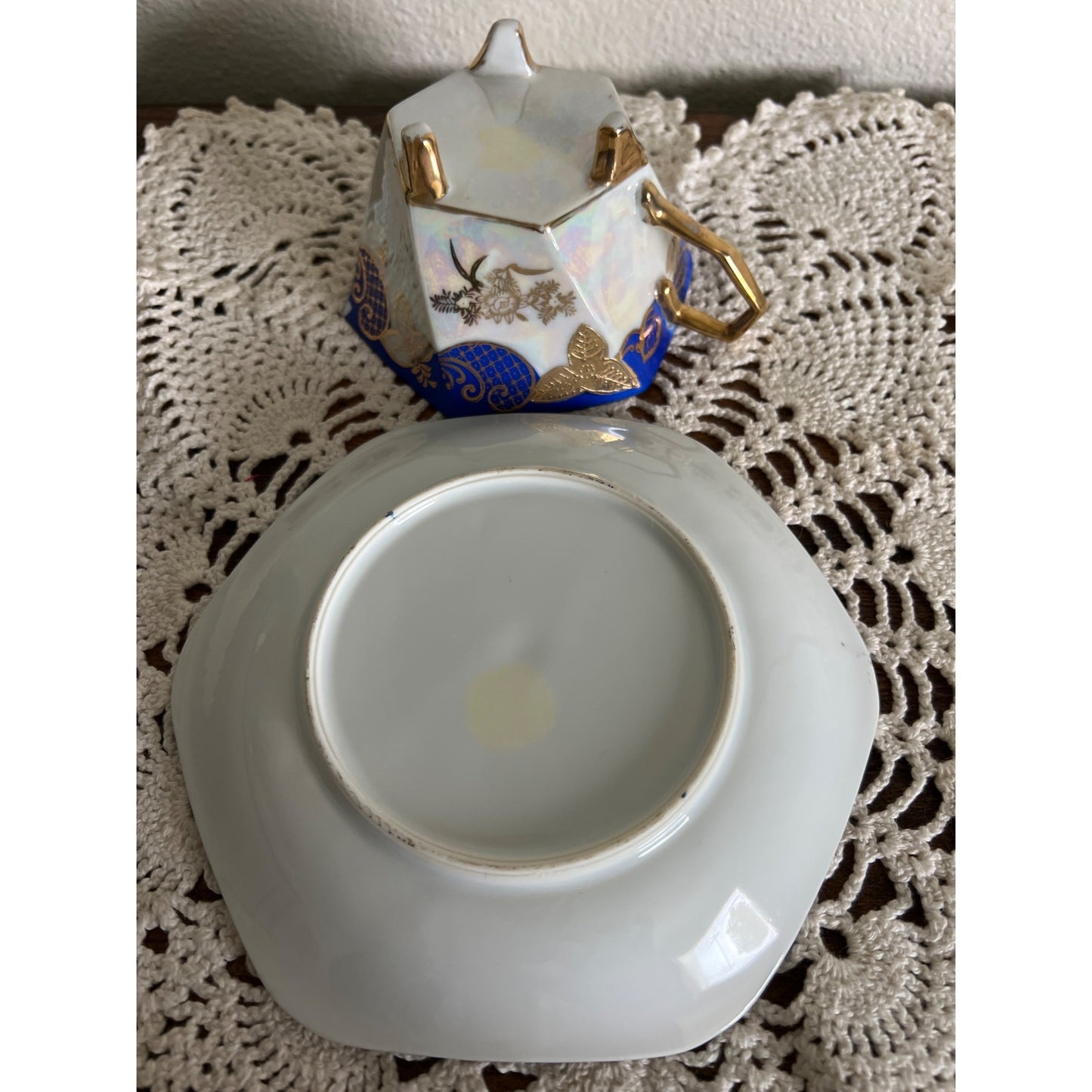 Unmarked Iridescent and Gold Porcelain Teacup & Saucer