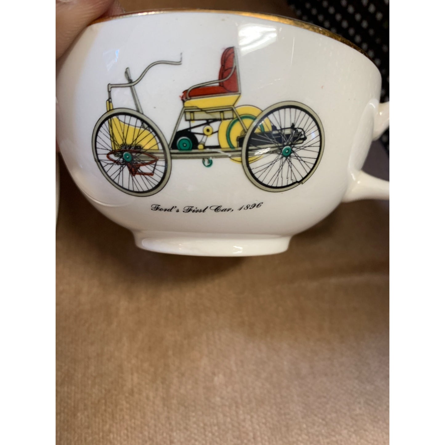 1895-1903 Gold Trim Porcelain Lunch Set of 4 Antique Automobiles