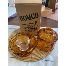 Load image into Gallery viewer, 1970s Homco Interiors Stars and Bars Honey Amber Glass Fairy Lamp with original box
