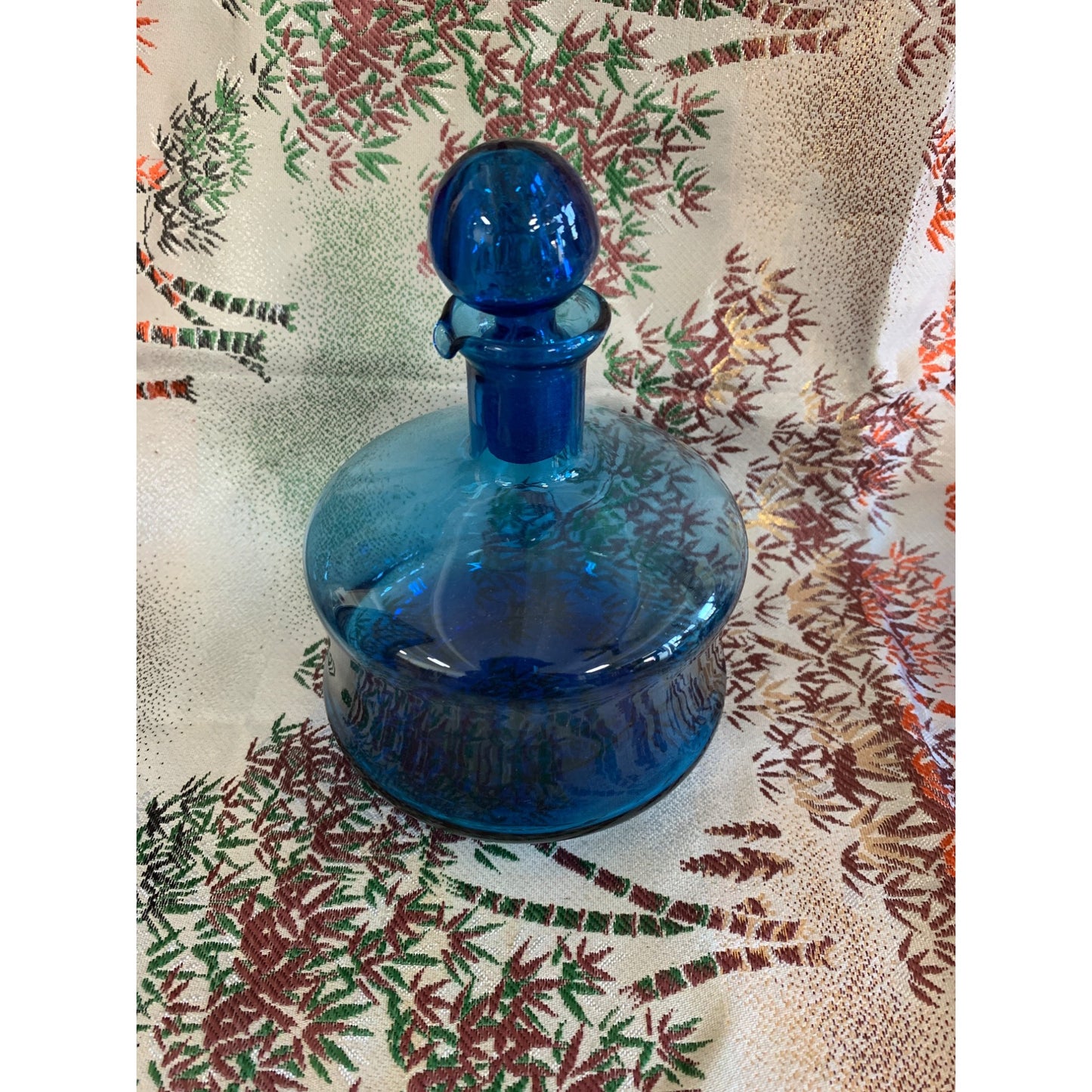 MCM Empoli Style Blue Blown Glass Squat 7” Decanter Bottle with Glasses Set