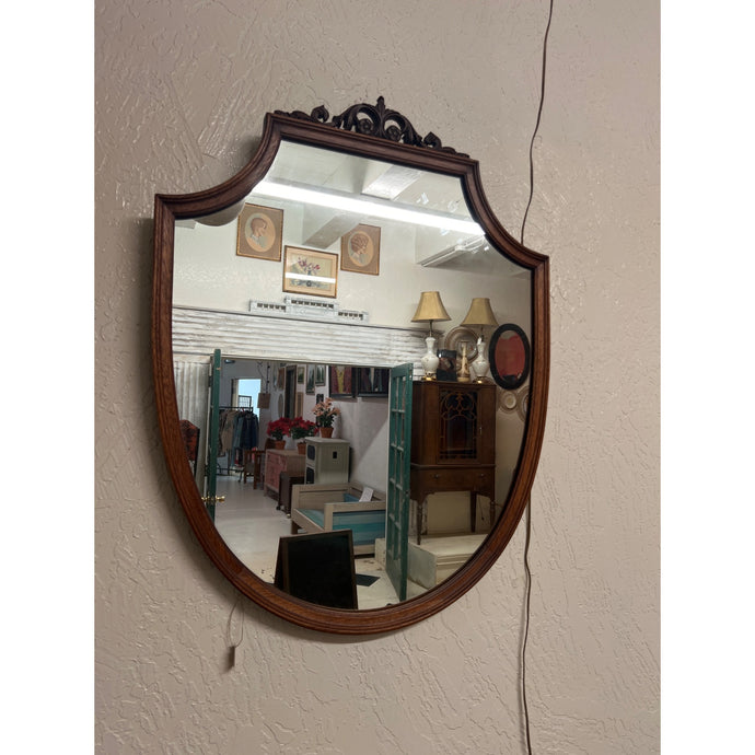 Vintage Carved Mahogany Shield Mirror With Floral Cap Detail