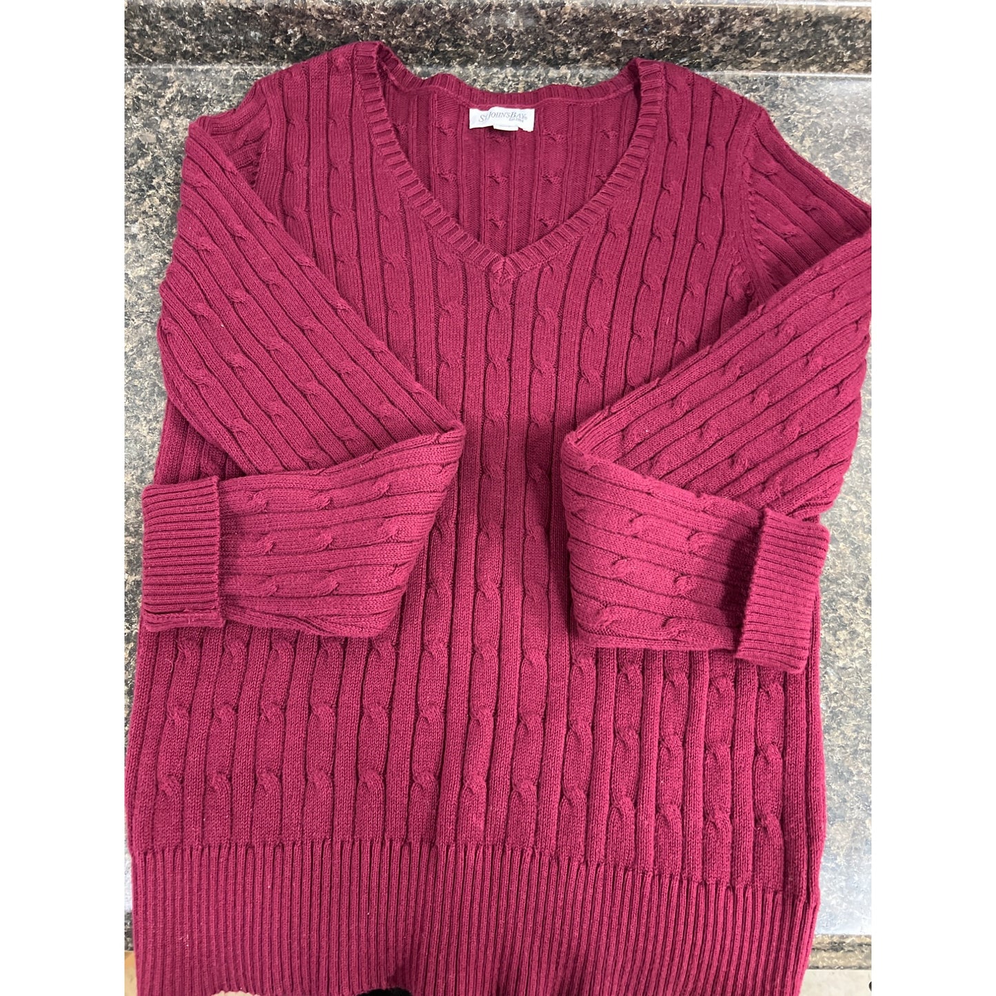 St. John’s Bay women’s classic Cable V-neck Sweater Dark Wine Size Medium