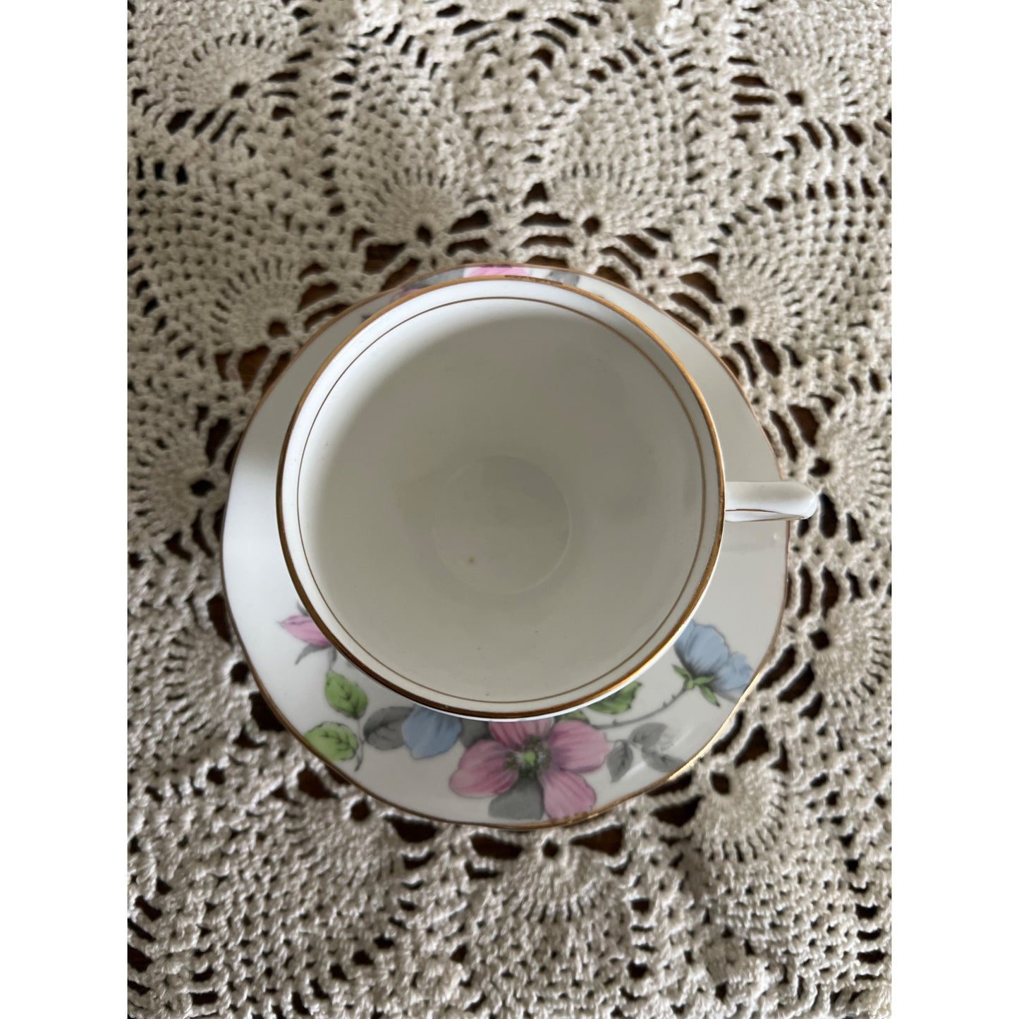 Wild Rose Salisbury Fine Bone China With Blue and Pink Flowers Made in England Teacup & Saucer