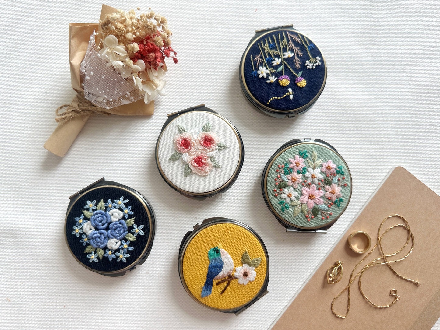 Quince Fables - Floral Embroidered Round Jewelry Box With Mirror (In Stock✅)