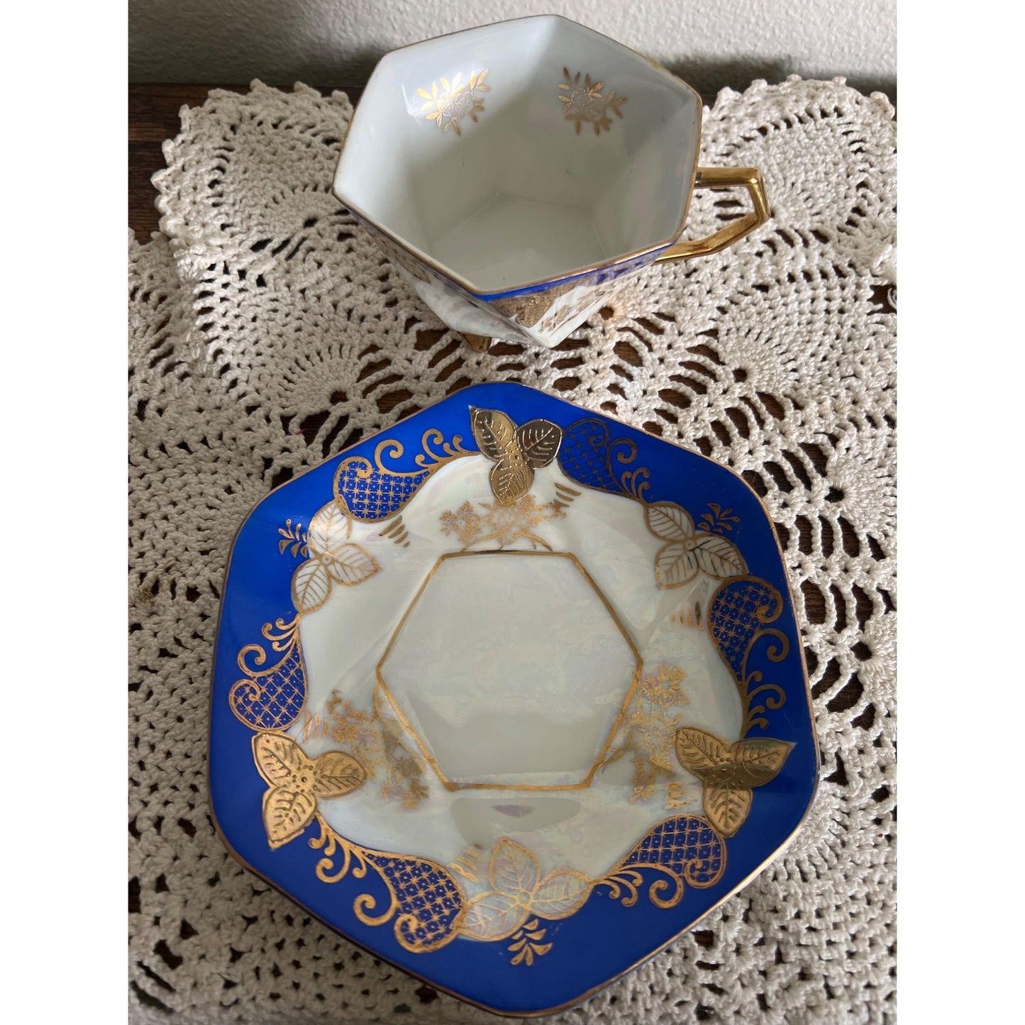 Unmarked Iridescent and Gold Porcelain Teacup & Saucer