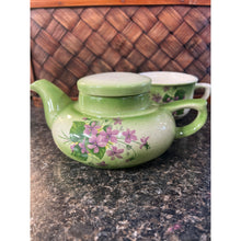 Load image into Gallery viewer, Stacking Single Person Teapot and Cup Green with Purple Violets
