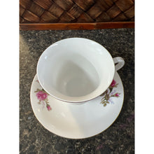 Load image into Gallery viewer, Made in China Porcelain Teacup and Saucer with Pink Rosebuds and Forest Green Leaves
