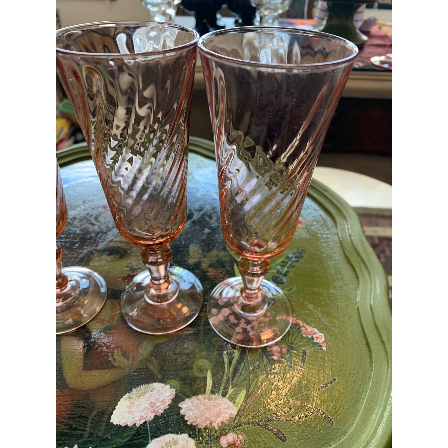 French Luminarc Arcoroc Rosalind 1960s Pink Swirl Champagne Flute Set of 4