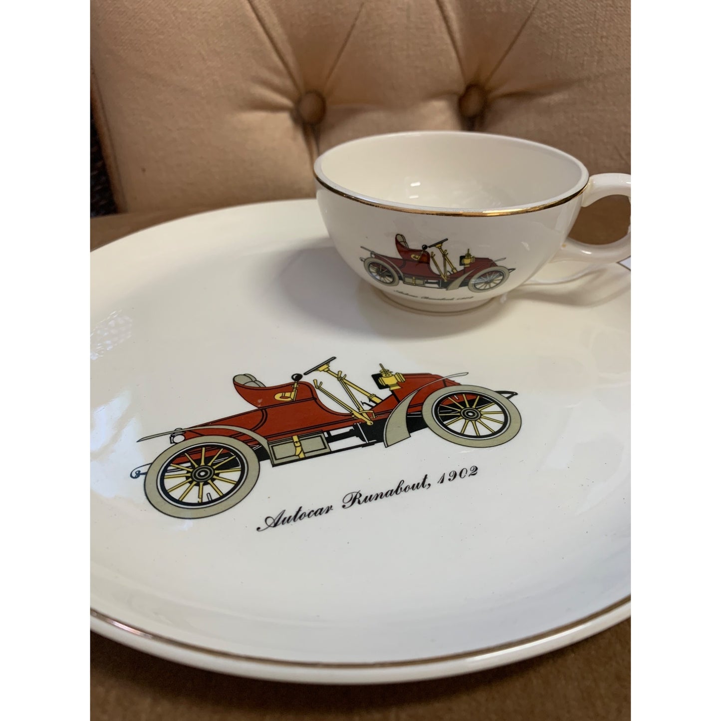 1895-1903 Gold Trim Porcelain Lunch Set of 4 Antique Automobiles