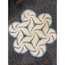Load image into Gallery viewer, 1970’s Hand Crochet Ecru and Baby Blue Seven Pinwheel Cotton Doily
