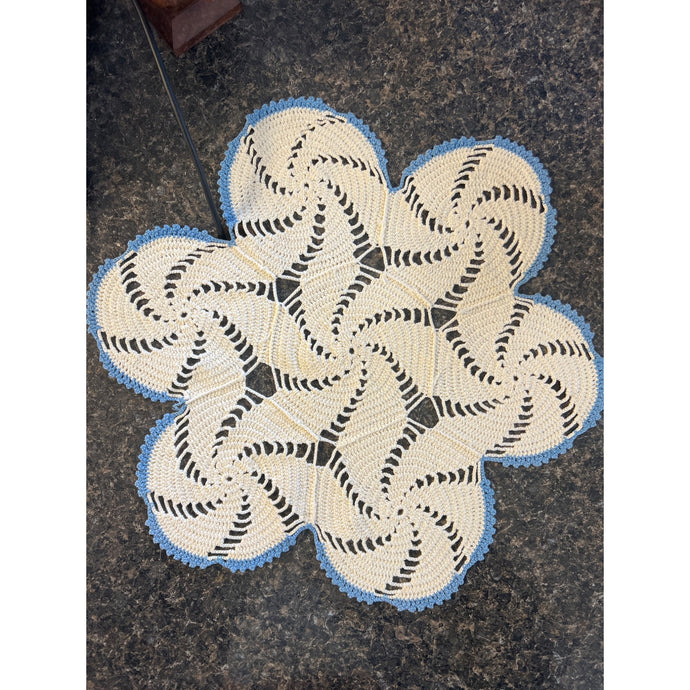 1970’s Hand Crochet Ecru and Baby Blue Seven Pinwheel Cotton Doily
