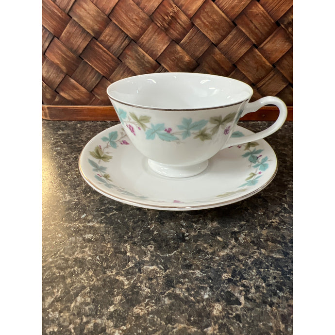 Fine China of Japan Teacup and Saucer with Delicate Grape and Leaves
