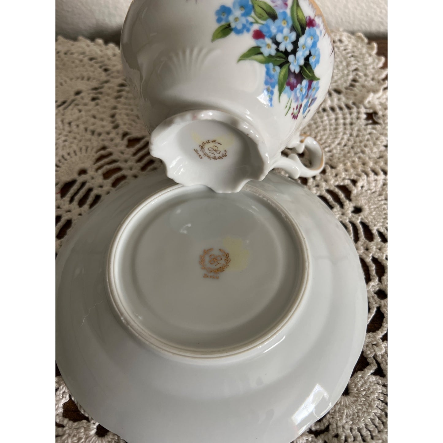 Vintage Japan Teacup & Saucer with Delicate Pink and Blue Flowers and Gold Trim