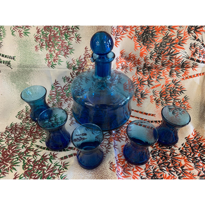 MCM Empoli Style Blue Blown Glass Squat 7” Decanter Bottle with Glasses Set