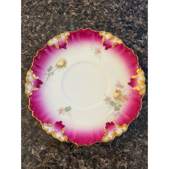 T & V France Limoges 4-1/2” Plate with Yellow Rose Spray, violet and Gold Trim