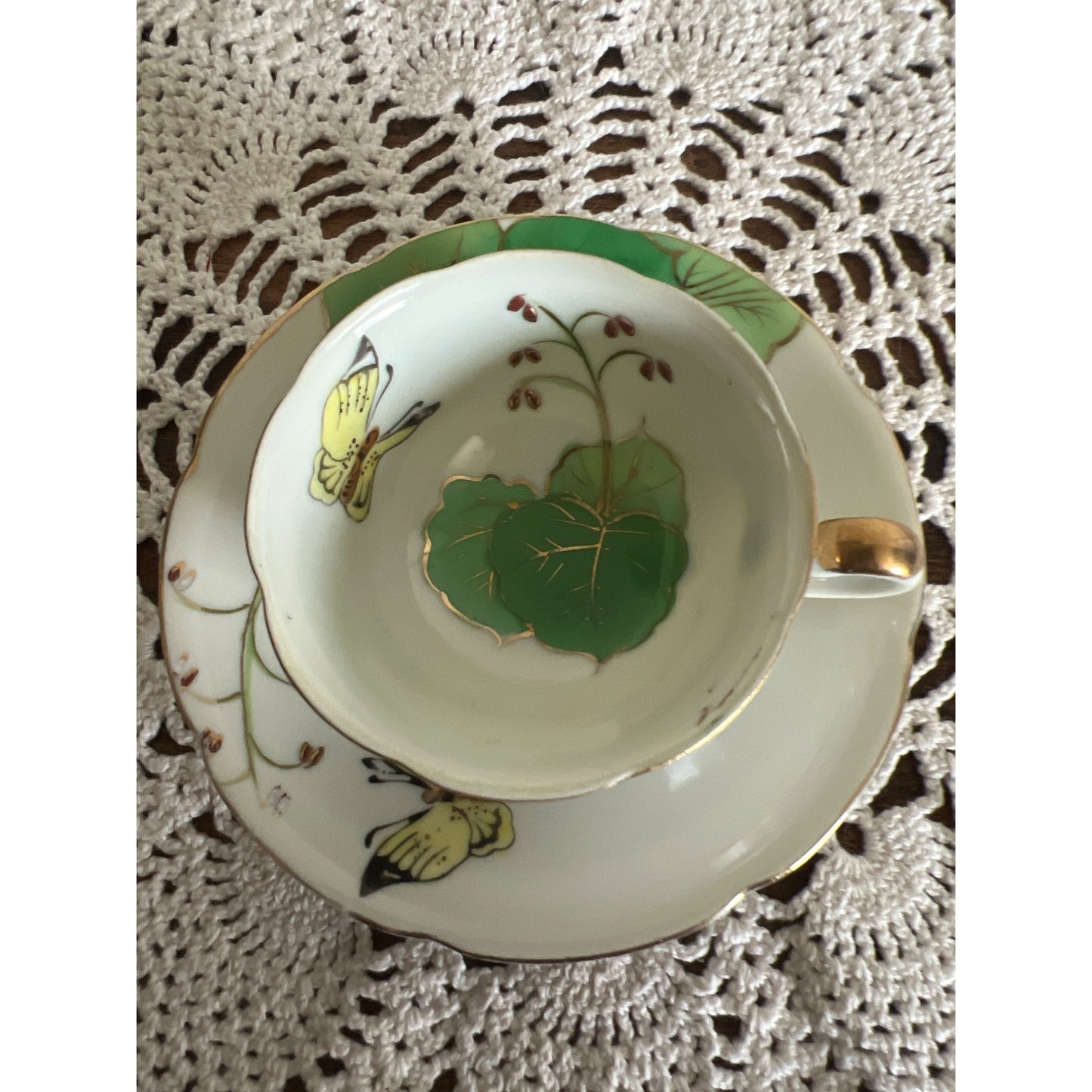 Vintage Demitasse Porcelain Hand Painted Teacup & Saucer With Green Leaves, Butterflies, and Gold Trim Made in Japan