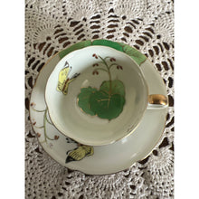 Load image into Gallery viewer, Vintage Demitasse Porcelain Hand Painted Teacup &amp; Saucer With Green Leaves, Butterflies, and Gold Trim Made in Japan

