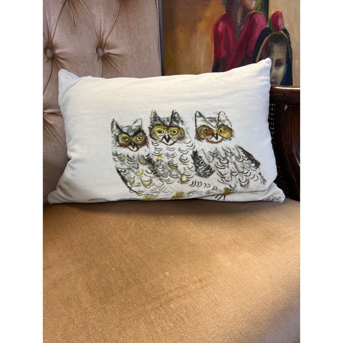 Three Green and Brown Owls on an Ecru Pillow 17x12