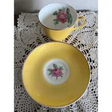 Load image into Gallery viewer, Jason Made in England Bone China Bright Yellow with Pink Rose Teacup &amp; Saucer
