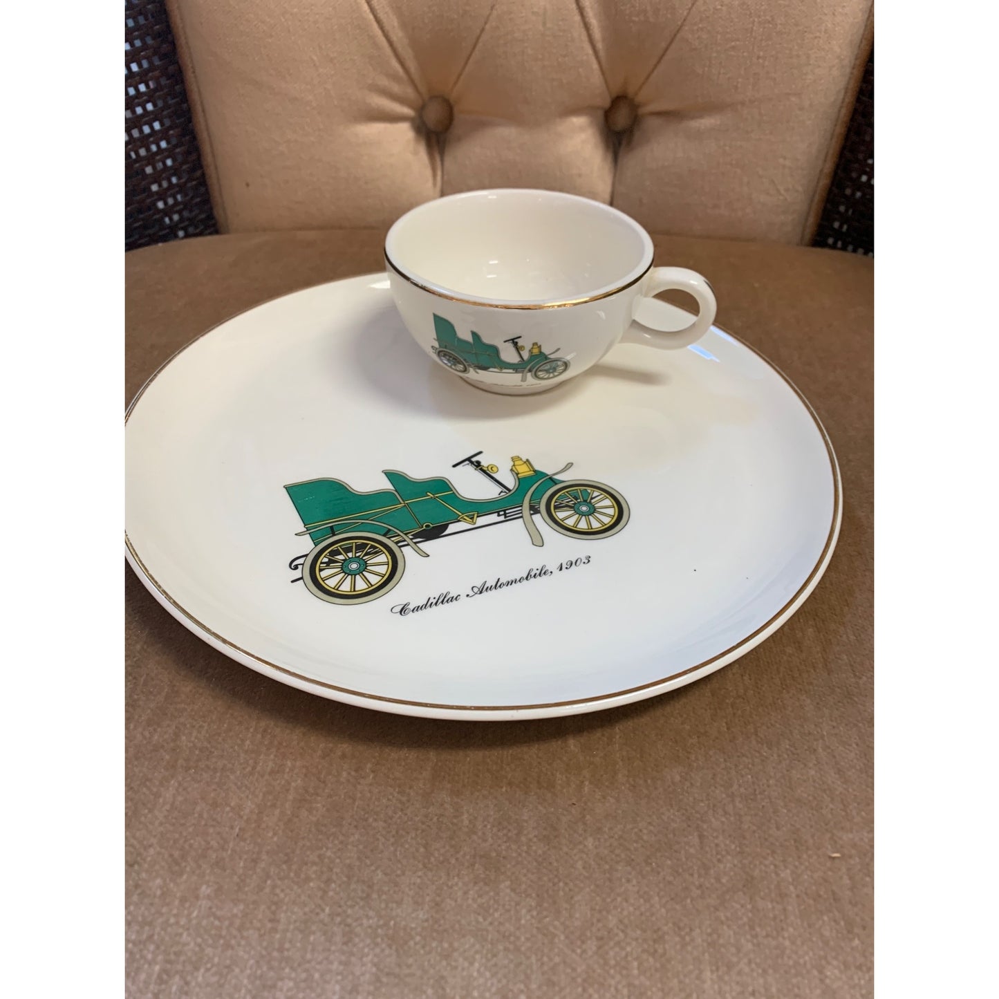 1895-1903 Gold Trim Porcelain Lunch Set of 4 Antique Automobiles