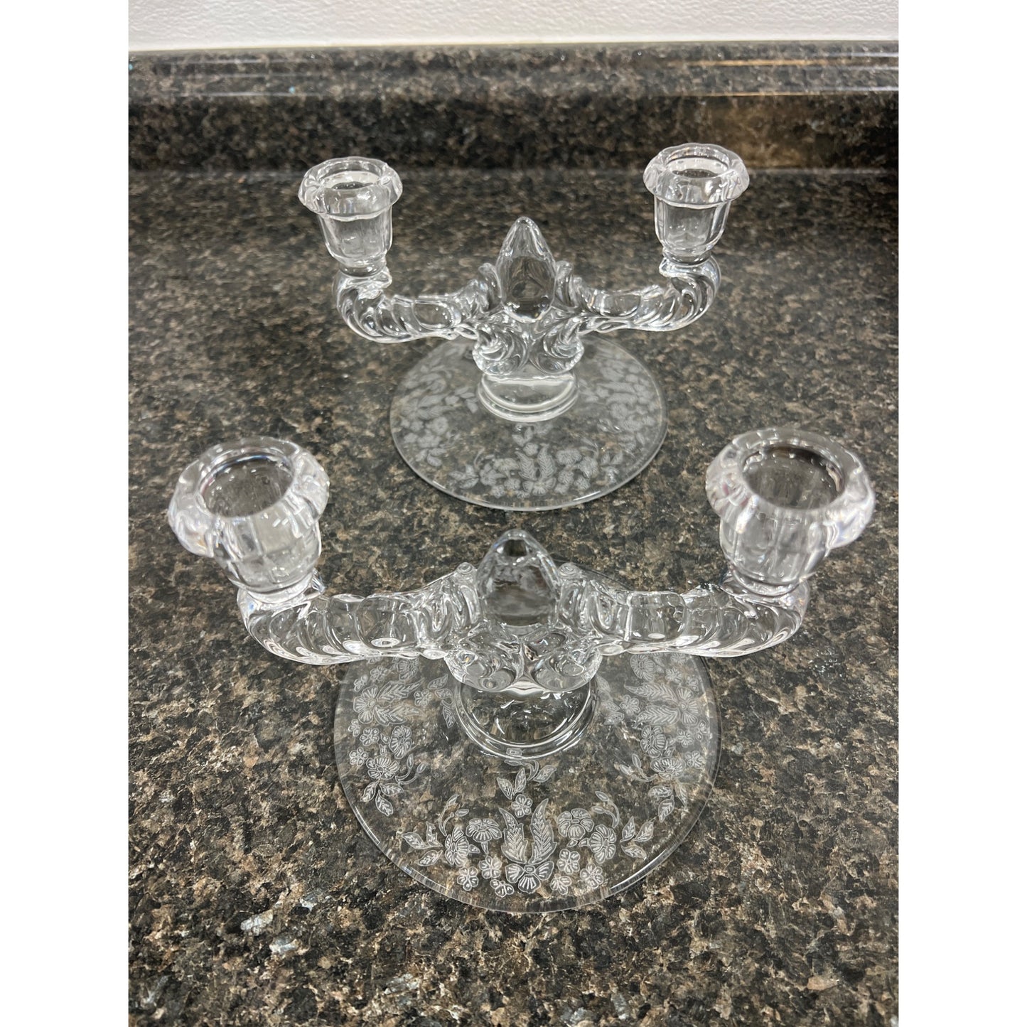 Pair of Vintage Martinsville Etched Glass Teardrop Double Taper Candlestick Holders