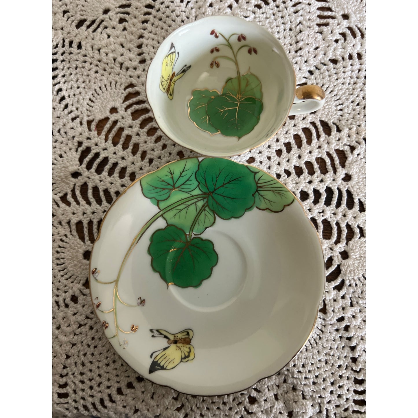 Vintage Demitasse Porcelain Hand Painted Teacup & Saucer With Green Leaves, Butterflies, and Gold Trim Made in Japan