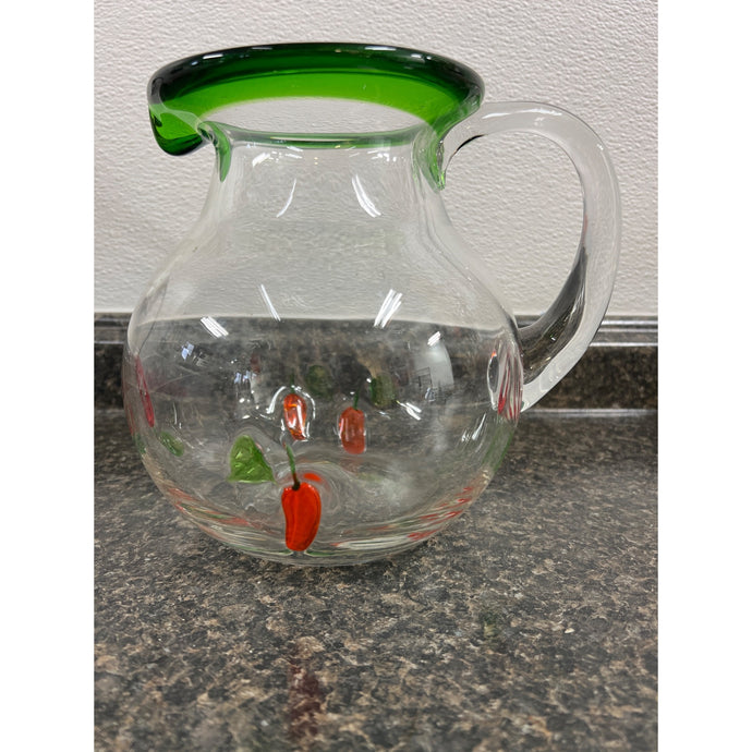 Large Hand Blown Green and Clear Glass Pitcher with Red Chili Peppers