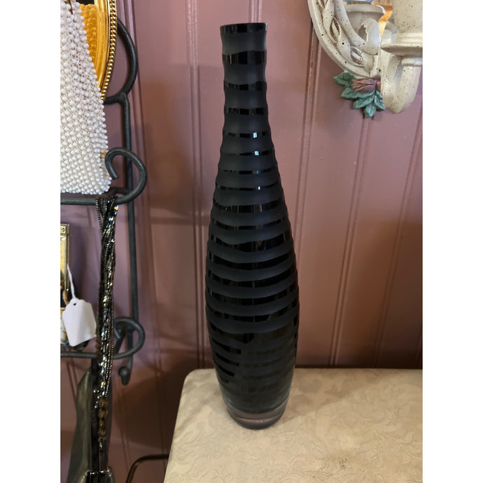 12” Deep Black Etch Striped Art Bottle Decorative Vase
