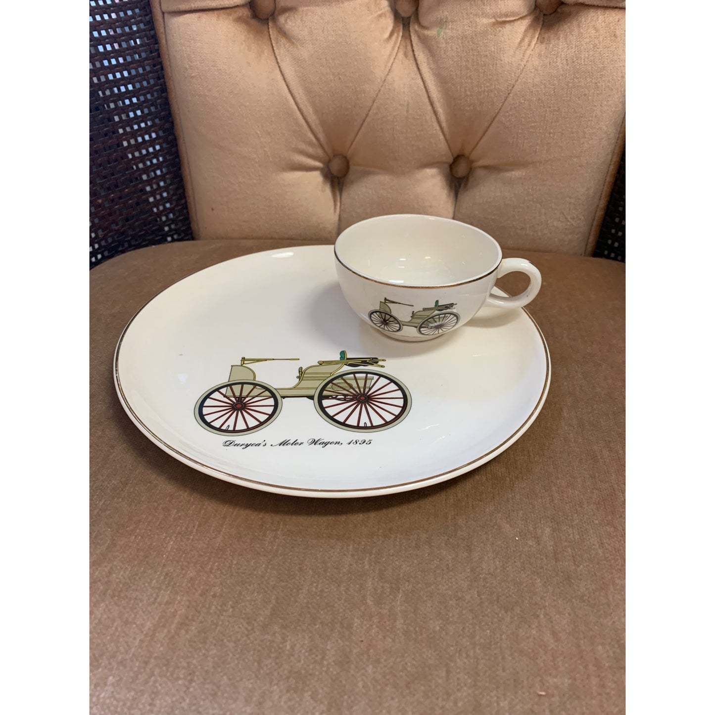 1895-1903 Gold Trim Porcelain Lunch Set of 4 Antique Automobiles