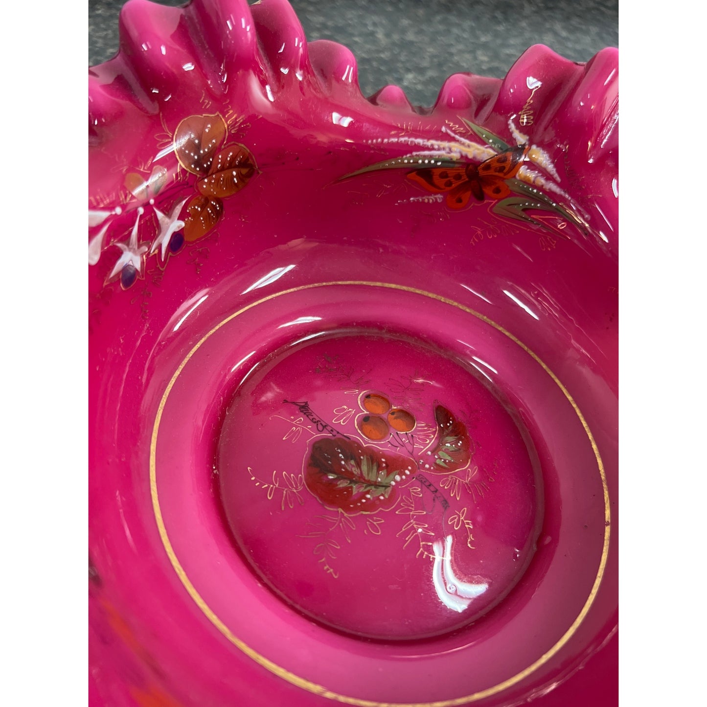 Vintage Hand Painted Pink Hand Blown Glass Bowl Bowl with Ruffled Edges, Butterflies and Wild Flowers Signed