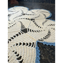 Load image into Gallery viewer, 1970’s Hand Crochet Ecru and Baby Blue Seven Pinwheel Cotton Doily
