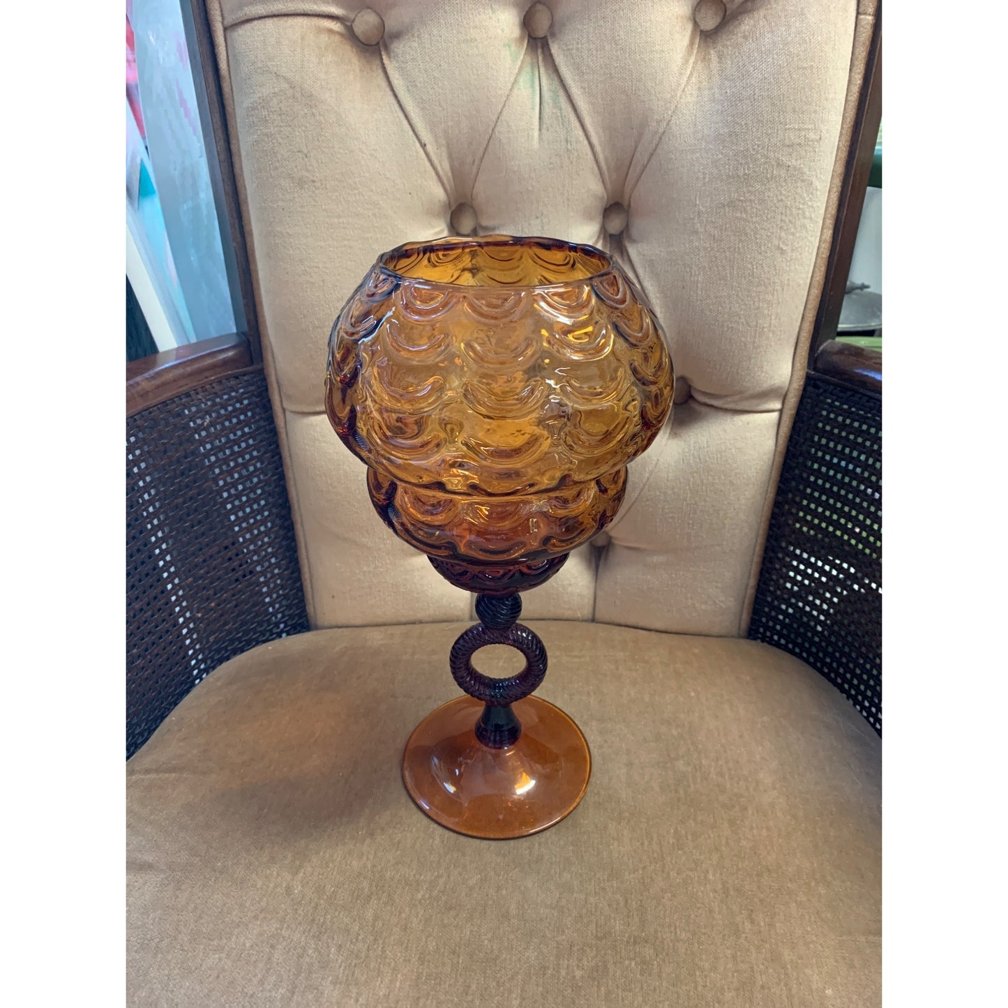 Amber Glass Compote Candy Dish Footed bowl with Amethyst Stem
