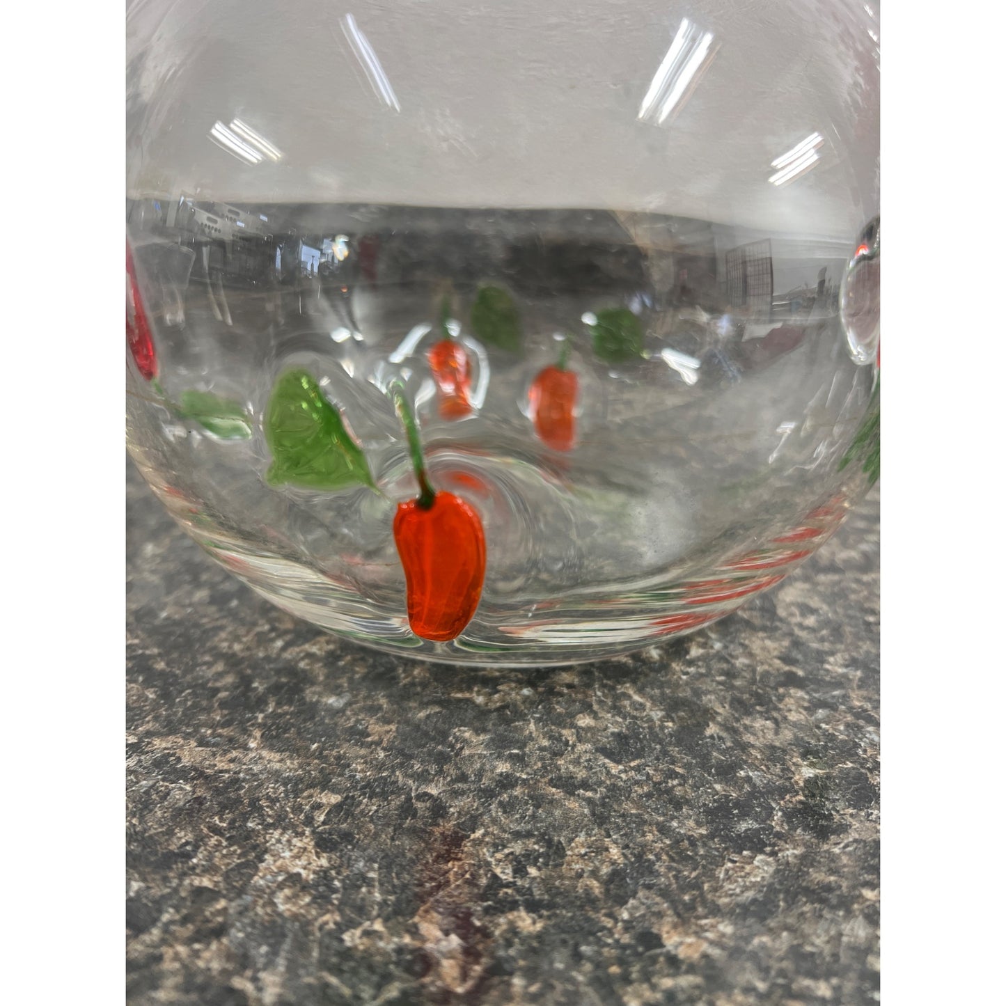 Large Hand Blown Green and Clear Glass Pitcher with Red Chili Peppers