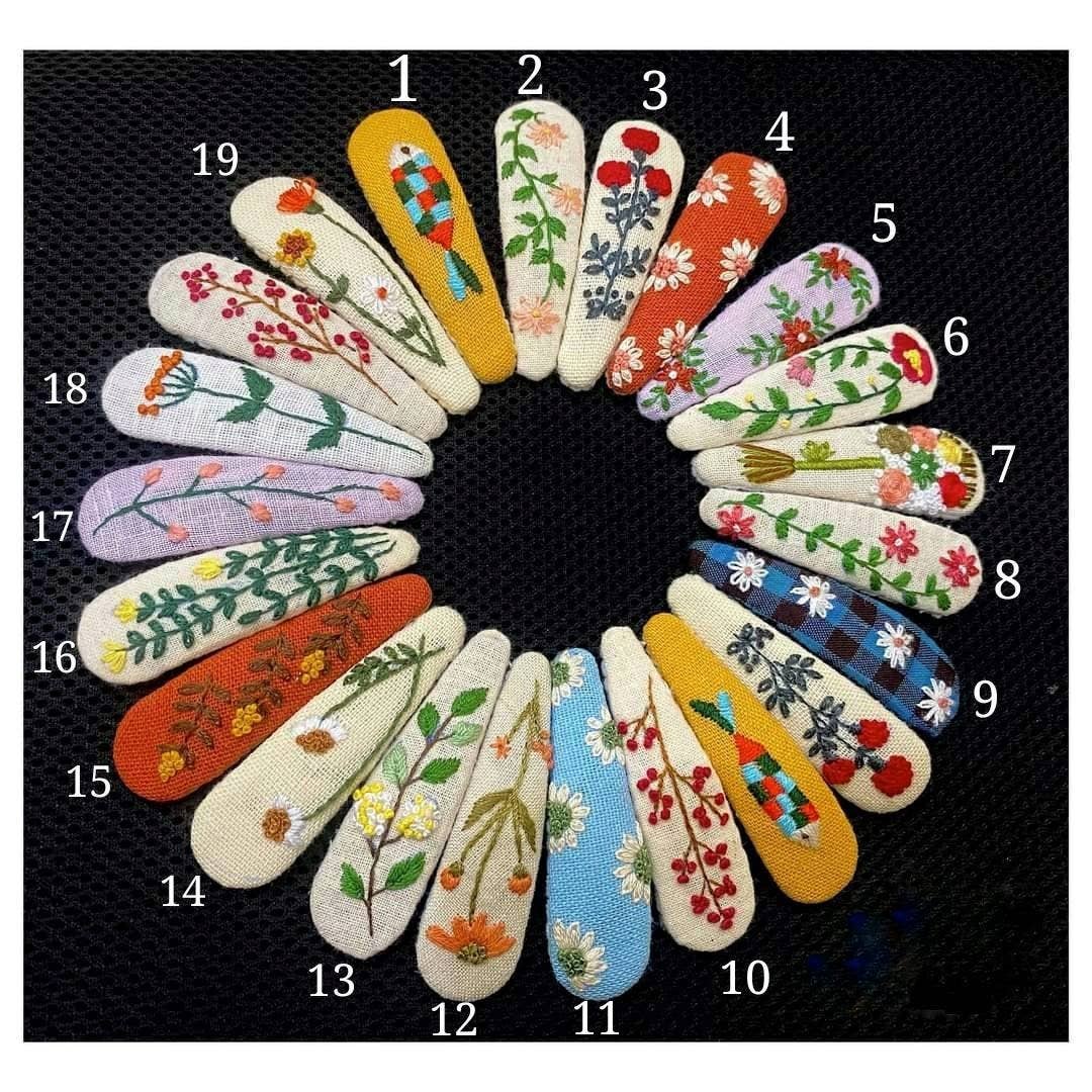 Quince Fables - Floral Embroidered Linen Teardrop Hair Barrette, Collection ✅